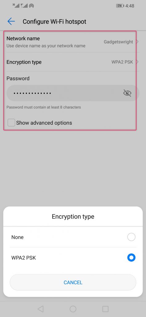 WiFi password, username, and encryption