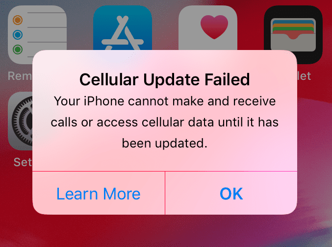 iPhone cellular update failed
